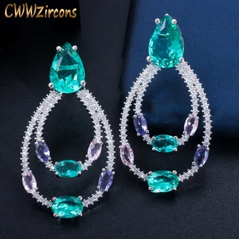 CWWZircons Designer de Duplo Círculo de Queda de Luz Azul Cúbicos de Zircônia Cristal Dangle Brincos de Moda Feminina do Partido Jóias de Presente CZ703