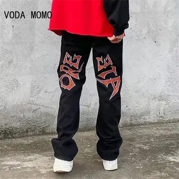 Cyber Y2k Moda Masculina Preto Streetwear Hip Hop Carta Estrelas Cintura Baixa Calças Jeans Reta Alt Baggy Jeans, Calças De Roupas