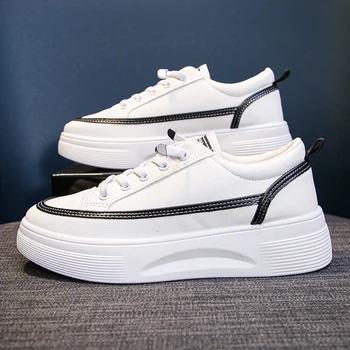 De espessura com sola de Sapatos Brancos para as Mulheres Novas de Couro Impermeável Vulcanizada Tênis Casuais Senhoras Treinador Lace-up Zapatos De Mulher 1