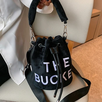 De Veludo luxo, A Bucket Bag duplo Candy Color Mulheres Bolsas de Marcas de grife de Pelúcia Ombro Saco Crossbody Carta de Cordão Tote
