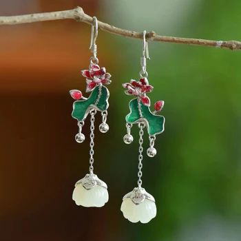 Design Original hetian jade lotus bead brincos para mulheres longo de estilo Chinês, o esmalte de porcelana folha de lótus de jóias de prata de presente 2