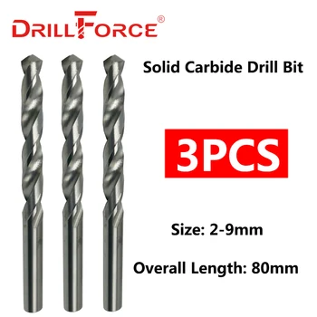 Drillforce 3PCS 2mm-9mmx80mm OAL Broca inteiriça de metal duro Conjunto de Bits, Brilhante Shank Rodada, o canal helicoidal de Torção de brocas Para Metal 1
