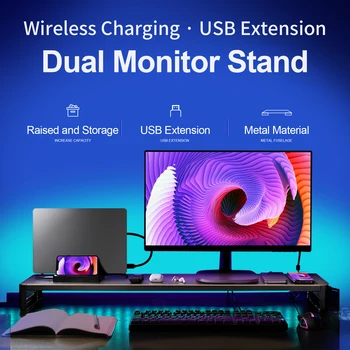 Dual Monitor de porta-Suporte de Metal Riser com Carregamento sem Fio Hub USB Portas Suportam Transferência de Dados,Teclado e Mouse Armazenamento de Secretária