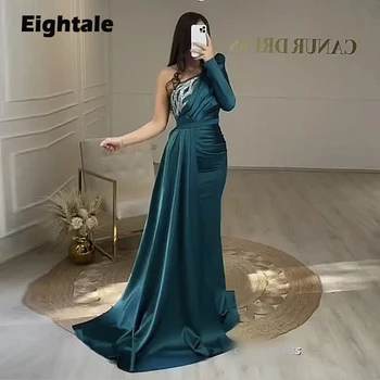 Eightale árabe Vestidos de Noite para a Festa de Casamento de Cetim Um Ombro Mangas compridas Celebridade Azul Royal Festa de Formatura com Vestidos de 2022