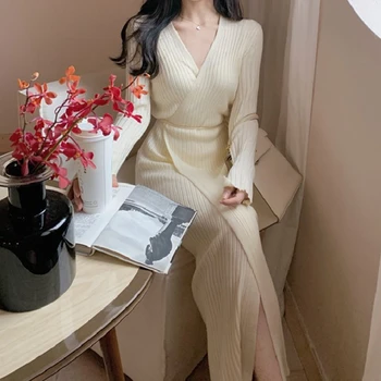 Elegante 2022 De Pescoço De V Vestidos Coreano Vestido De Camisola Mulheres Sólida Espessa Mulher Quente De Inverno, De Malha Casual Dividir Sexy Vestido Longo