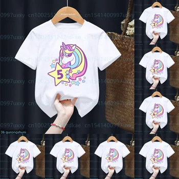 Engraçado Unicórnio T-Shirt Feliz Aniversário, Presente de Estrelas Número 2-10 T-Shirt Meninas Crianças Roupas de Manga Curta Bebê Tops 1