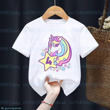 Engraçado Unicórnio T-Shirt Feliz Aniversário, Presente de Estrelas Número 2-10 T-Shirt Meninas Crianças Roupas de Manga Curta Bebê Tops 2