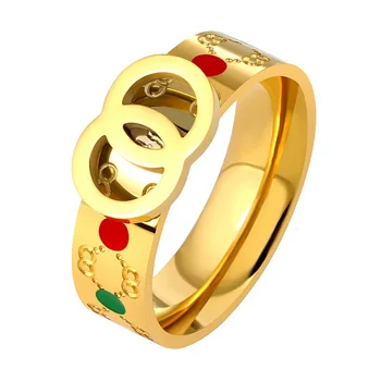 Especiais Cruz Dupla Círculo de Ouro Anéis coloridos Para as Mulheres, Design Exclusivo em Aço Inoxidável 316L Red & Green Spots Feminino Anel de Presente 1