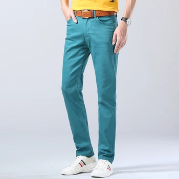 Estilo clássico, calças de Brim dos Homens de Negócios de Moda Casual Calças Retas Slim Denim Stretch Calças Azul, Amarelo, Vermelho, Masculino Calças de Marca