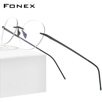 FONEX em Titânio Puro, Óculos de Mulheres 2020 Novos Homens sem aro Prescrição Rodada de Óculos com Armações de Miopia Óptico de Óculos 8563