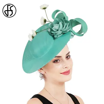 FS Imitação de Sinamay Fascinatos Grande Derby Hat Casamento de Mulheres Green Hat Senhora Festa Fedora Cabeça Acessórios de Cabelo de Noiva Headwear
