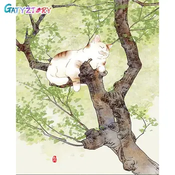 GATYZTORY DIY Imagens Pelo Número de Gato na árvore de Kits de Decoração de Casa de Pintar Por Números Animal Desenho Sobre Tela pintado à mão de Arte Presente
