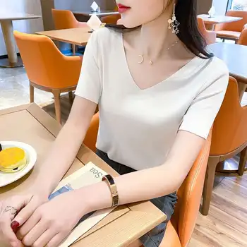 Gelo seda de manga curta t-shirt de verão de cor sólida mulheres seção fina da maré decote em V t-shirt versão coreana branco novo soltas topo 1