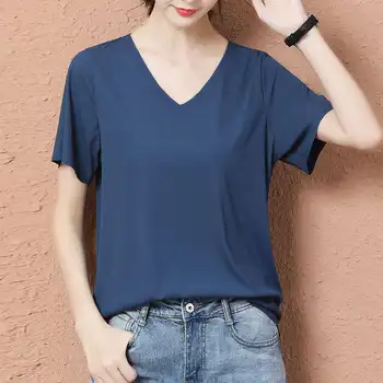 Gelo seda de manga curta t-shirt de verão de cor sólida mulheres seção fina da maré decote em V t-shirt versão coreana branco novo soltas topo 2