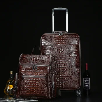 Genuíno Couro de crocodilo padrão de bagagem de viagem, com bolsa, mochila masculina primeira camada de couro mala de carrinho de embarque caso