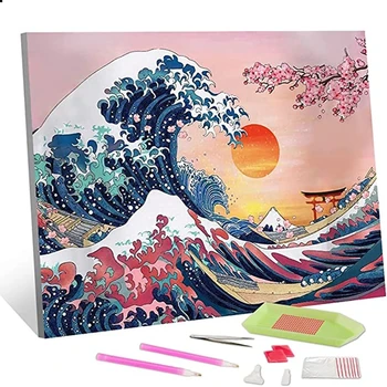 Grande Onda com o pôr do Sol e as Flores de Cerejeira 5D DIY Diamante Pintura de Kanagawa, a Arte de Bordar em Ponto Cruz Strass novidades 1