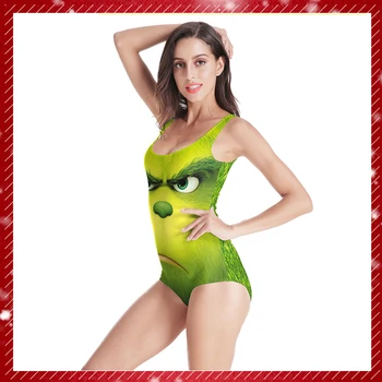 Halloween Natal, Um Maiô de Peça Mulheres de Impressão 3D de Cabelo Verde Monstro Sexy Body sem Mangas, Calças Slim maiô