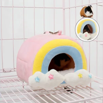 Hamster Ninho Cobaia Rede Casa Soft De Inverno Quente Arco-Íris Padrão De Coelho Gaiola Gaiola Para Roedores Pequenos Acessórios Para Animais