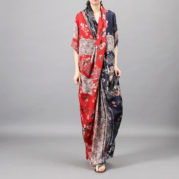Harajuku imprimir as mulheres se vestem de personalidade gola vestidos longos soltos plus size de seda + algodão longo funda vestido vintage elegante manto