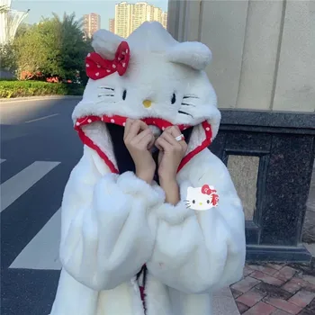 Hello Kitty Japonês Bonito Arco Peludos Jaqueta Com Capuz Anime Kawaii Soft De Inverno Quente Meninas Soltas Engrossado Cardigan Tops Anime De Pelúcia 1