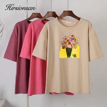 Hirsionsan Verão pintados à Mão Flores Impresso T-Shirt das Mulheres Vintage Elegante Solta Tee Gráfico de Algodão Macio Feminino Pulôver Tops 1