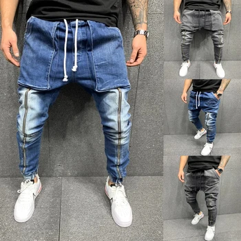 Homens Jeans Gravado Slim Fit Jeans de Alta Qualidade Ampla Calça Jeans masculina de Streetwear Skate Calças Neutro Calças Hip Hop Casual