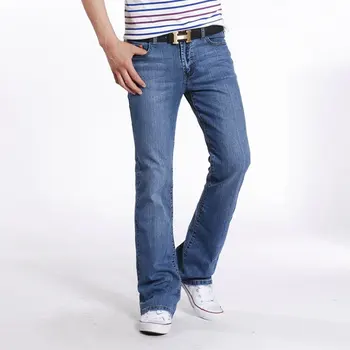 Homens Primavera, Outono Slim Fit Jeans Calças Homme Business Casual Boot Cut Denim De Mens De Calças De Elástico Longa Jeans Flare Azul 1