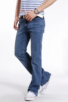 Homens Primavera, Outono Slim Fit Jeans Calças Homme Business Casual Boot Cut Denim De Mens De Calças De Elástico Longa Jeans Flare Azul 2