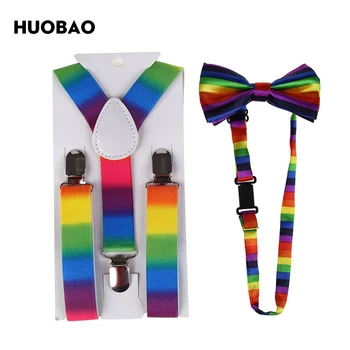 HUOBAO 2019 Moda Colorida do arco-íris Listrado Suspensórios E Gravatas borboleta Conjuntos Para Crianças