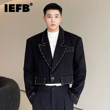 IEFB moda Masculina Temperamento Topstitched Projeto de Curto Blazers Solta Entalhado Único Botão de Lã paletó de Outono Inverno 2023 Novo