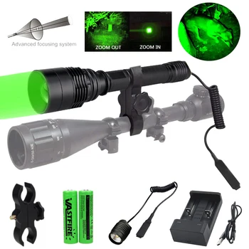 Impermeável Verde Caça Lanterna Zoomable Foco Ajustável Tocha +Remoto Interruptor de Pressão+ Montagem Âmbito +2 PCS Bateria+Carregador 1