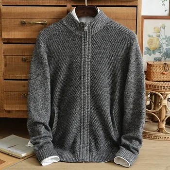 Inverno novo casaco de lã, 100% puro, suéter de cashmere homens grosso de meia-idade jacquard gola alta com zíper camisola de agasalho casaco casual 1