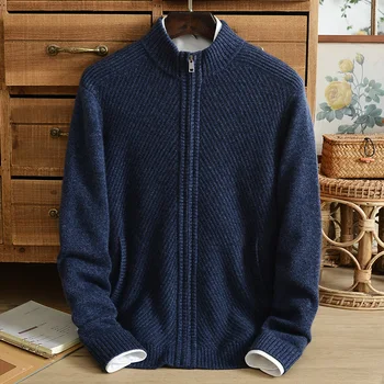 Inverno novo casaco de lã, 100% puro, suéter de cashmere homens grosso de meia-idade jacquard gola alta com zíper camisola de agasalho casaco casual 2