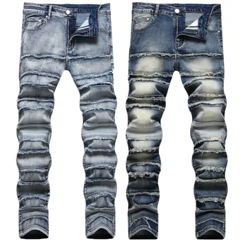jeans INS hip-hop crânio rua tendência homens maré alta rua furo stretch jeans pé pequeno de rock da maré Slim explosão bordado calças