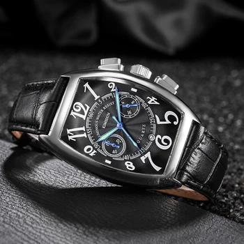 KIMSDUN Homens Relógios as melhores marcas de Moda de Luxo Tonneau Relógios pulseira de Couro Cronógrafo de Quartzo Relógios de pulso dos Homens Relógio Masculino
