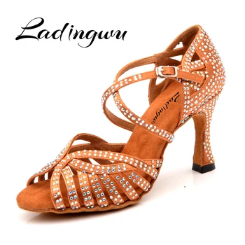 Ladingwu NOVA Dança Sapatos de Mulher latina Laser de cristal de rocha de Bronze de Cetim de Seda Cor de Pele Preta Dança de Salão Sapatos de Dança Salsa Sandália 1