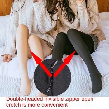 Leggings para Mulheres Zíper Duplo Aberto feito Calças das Mulheres de Cintura Alta Mais de Veludo Conveniente Engrossar meia-Calça Quente Calças Esportivas