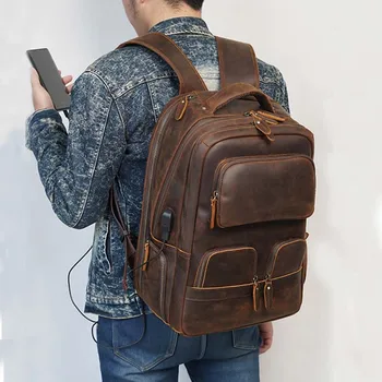 Luufan de Couro Genuíno Mochila para Homens De 15,6 Polegadas Laptop Backpack de Carregamento USB de Couro Masculina de Viagem Mochila Exterior do Saco de Viagem