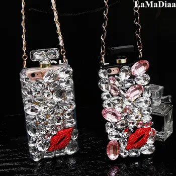 Luxo, Brilho Bling Diamante de Cristal Beijo Frasco de Perfume Com a Cadeia de Caso Para o Iphone 14 13 12 11 Pro MAX XS Max XR X 8 7 6 Plus 1
