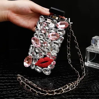 Luxo, Brilho Bling Diamante de Cristal Beijo Frasco de Perfume Com a Cadeia de Caso Para o Iphone 14 13 12 11 Pro MAX XS Max XR X 8 7 6 Plus 2