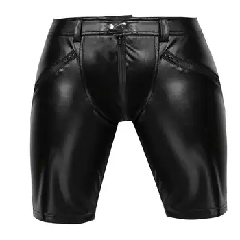Látex preto, Calças de Mens Sexy de Couro Meio Calças Clubwear Ginásio Shorts de Couro PU Calças Motocicleta Calças de Streetwear