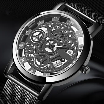Mens Moda Oco Relógios de Homens de Negócios, Relógio Masculino de Malha de Aço Inoxidável Correia de Esqueleto de Quartzo Relógio de Pulso relógio masculino