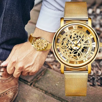 Mens Moda Oco Relógios de Homens de Negócios, Relógio Masculino de Malha de Aço Inoxidável Correia de Esqueleto de Quartzo Relógio de Pulso relógio masculino 2