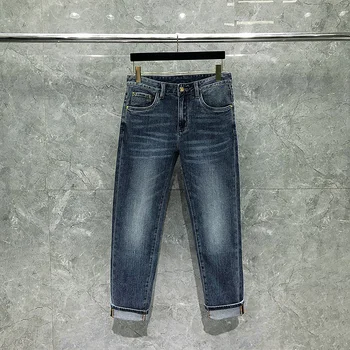 Moda H Marca de Luxo masculina Jeans Azul Clássico Folgado Macho Reto Calças Lavadas Retro Moda Casual Meados de Cintura Trecho Denims