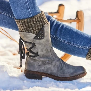 Mulheres Curto Botas de Inverno De 2022 Zíper Lateral Botas de Neve de Lace Mulheres Sapatos de Tamanho 43 Tricô Retro Ankle Boots Botas De Mulher 1