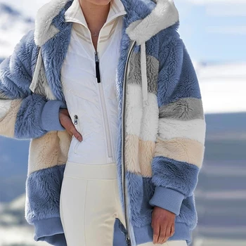 Mulheres de cor bloqueio de moletom jaqueta de 2022 nova mistura de cores emenda de inverno de peles zíper parka