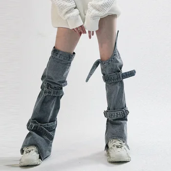 Mulheres Y2K Jeans polainas de 90 a altura do Joelho, Harajuku Fivela de Jean Meias Punk Gótico Perna Cobrir as Meias de Streetwear 1