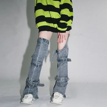 Mulheres Y2K Jeans polainas de 90 a altura do Joelho, Harajuku Fivela de Jean Meias Punk Gótico Perna Cobrir as Meias de Streetwear 2