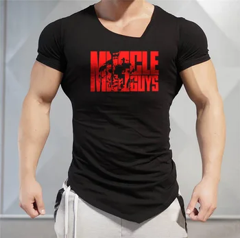 Muscleguys Marca de Letras de impressão de Mens T-Shirts academias de ginástica Roupas de Treino V pescoço Camiseta de Algodão de Musculação T-Shirt dos Homens 1
