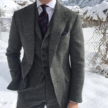 Na Venda de Moda Casual Cinza de Lã Tweed Homens Ternos Para Casamento de Inverno Formais 3-Pedaço de Espinha de peixe Conjunto Jaqueta Colete com Calças